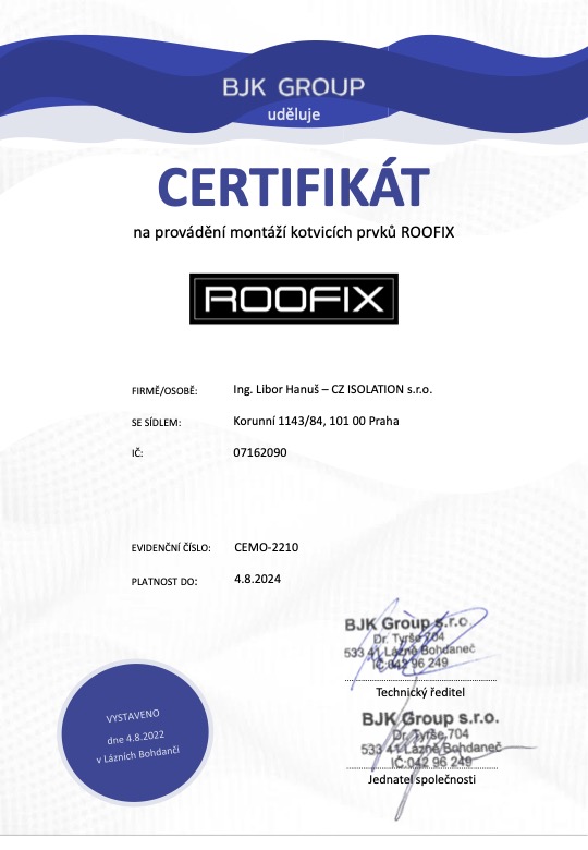 Certifikát pro pana Libora Hanuše na provádění montáží kotvících prvků ROOFIX