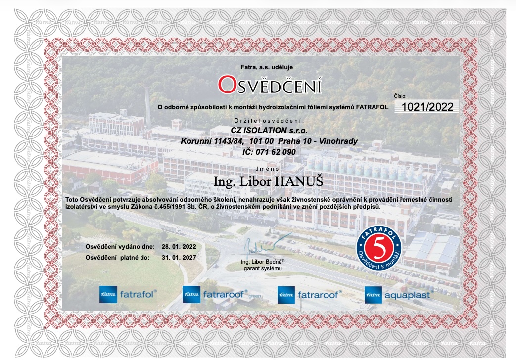 Certifikát pro pana Libora Hanuše o odborné způsobilosti k montáži hydroizolačních fólií FATRAFOL