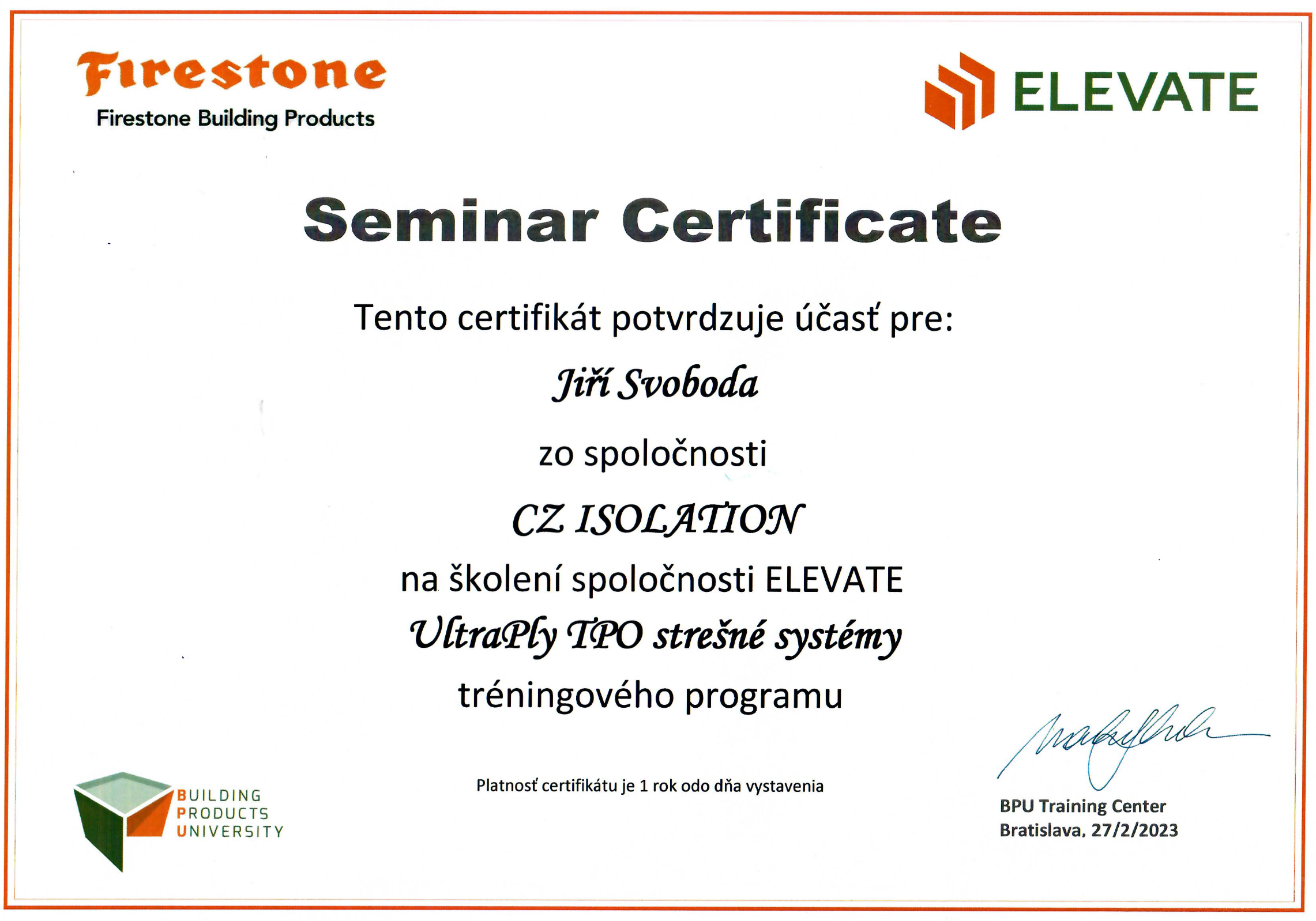 Certifikát pro pana Jiřího Svobodu Firestone Building Products -  - UltraPly IPO