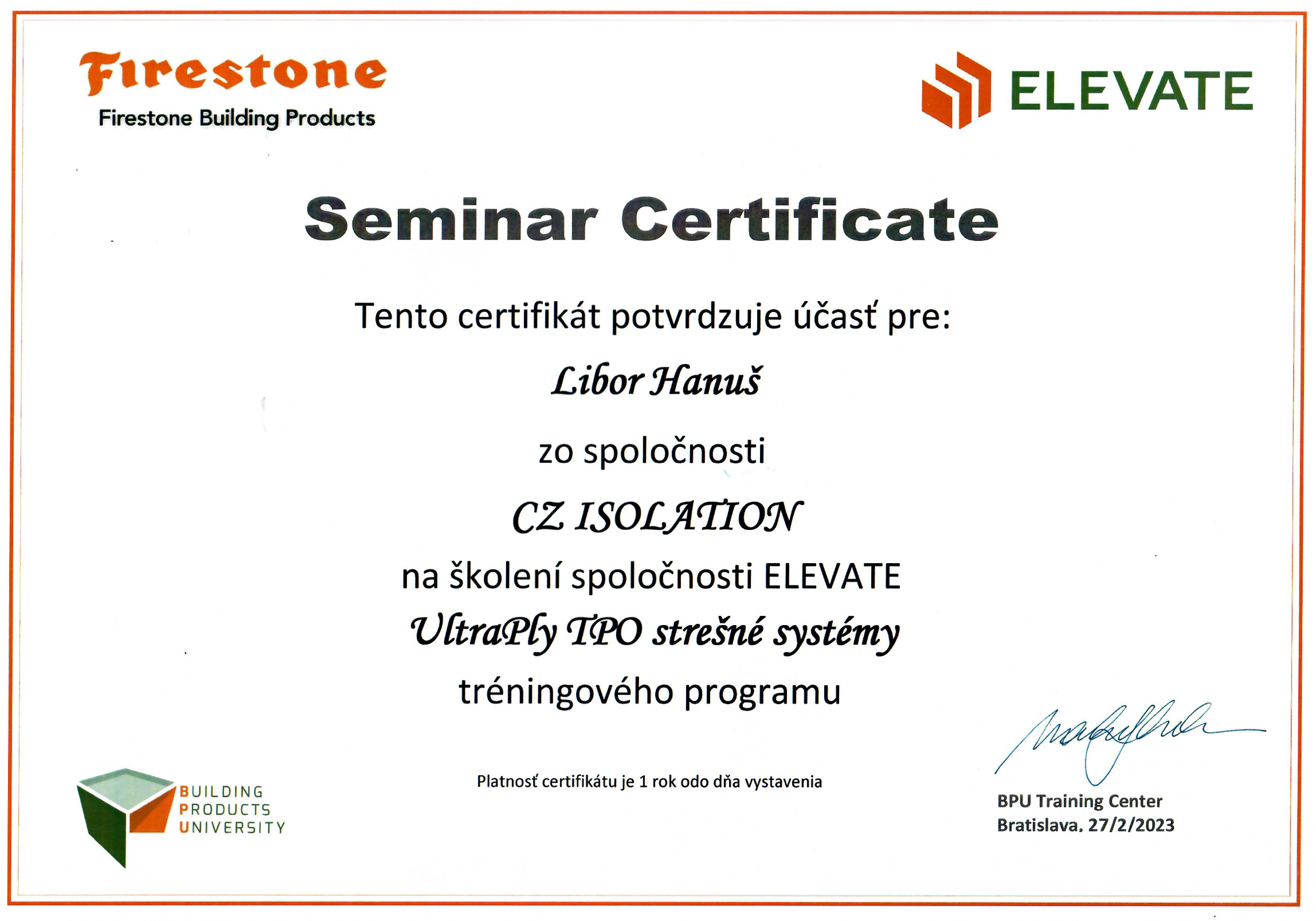 Certifikát pro pana Libora Hanuše - Firestone Building Products - UltraPly IPO