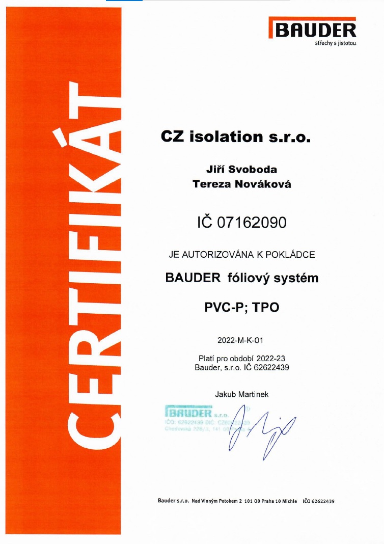 Certifikát - Autorizace k pokládce BAUDER fóliový systém