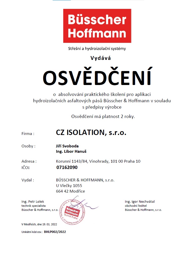 Certifikát pro pana Jiřího Svobodu a Libora Hanuše na aplikaci hydroizolačních asfaltových pásů