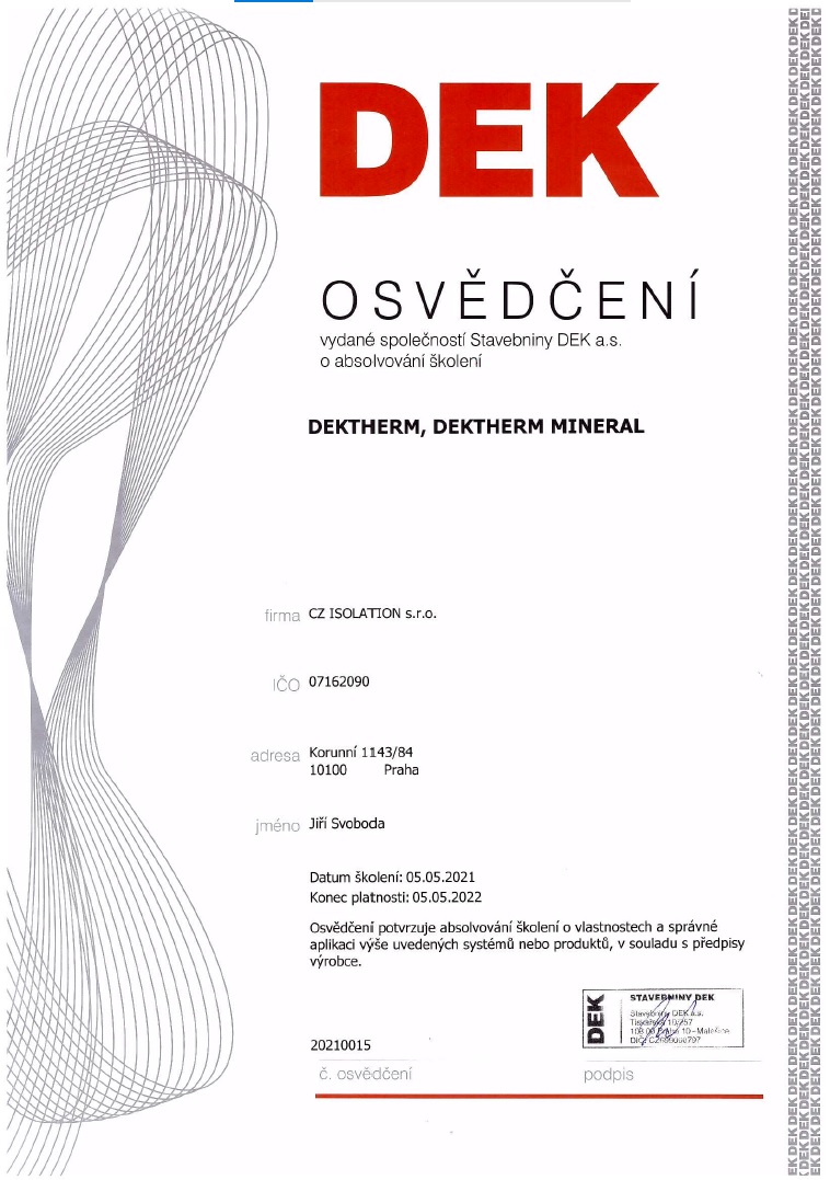 Certifikát pro pana Jiřího Svobodu na aplikaci Dektherm, Dektherm Mineral